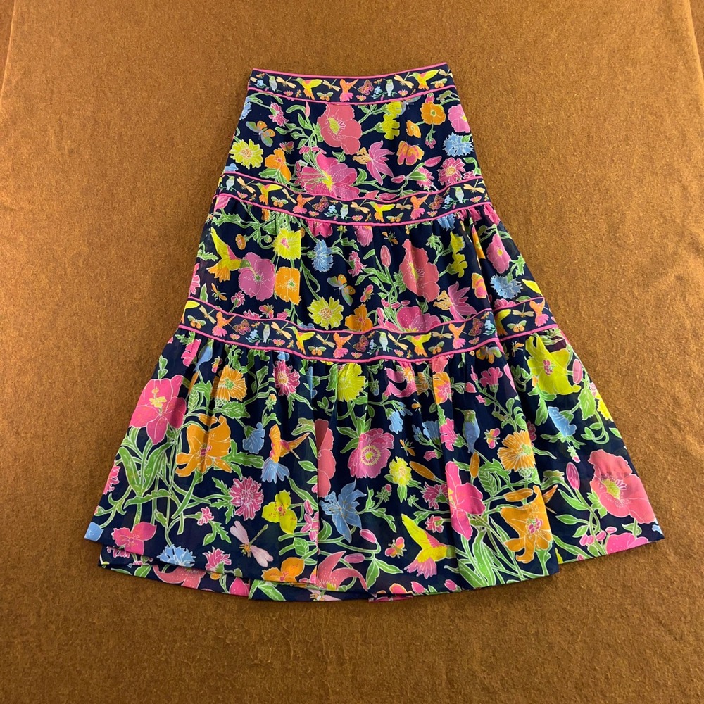 Gretchen Scott Womens Shrimp XXS Navy Floral Hummingbird Tiered Maxi Skirt New
